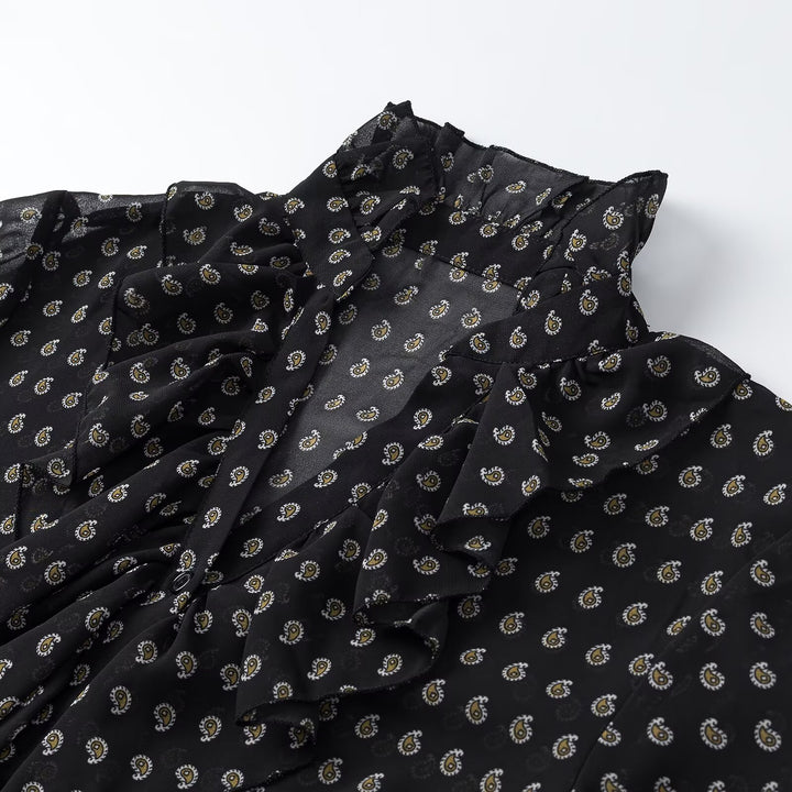 Women's chiffon blouse with ruffled collar, tie scarf and pleated bell sleeves Amarae