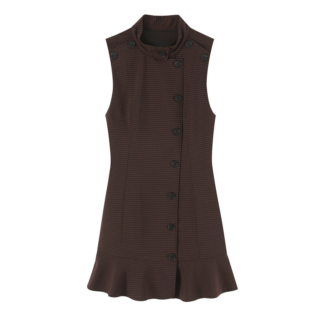 Women's Sleeveless Sheath Dress with Stand Collar, Asymmetric Button Placket and Ruffle Trim Amarae