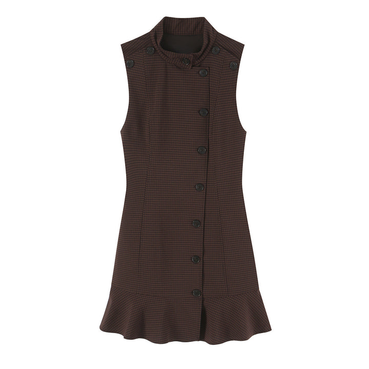 Women's Sleeveless Sheath Dress with Stand Collar, Asymmetric Button Placket and Ruffle Trim Amarae