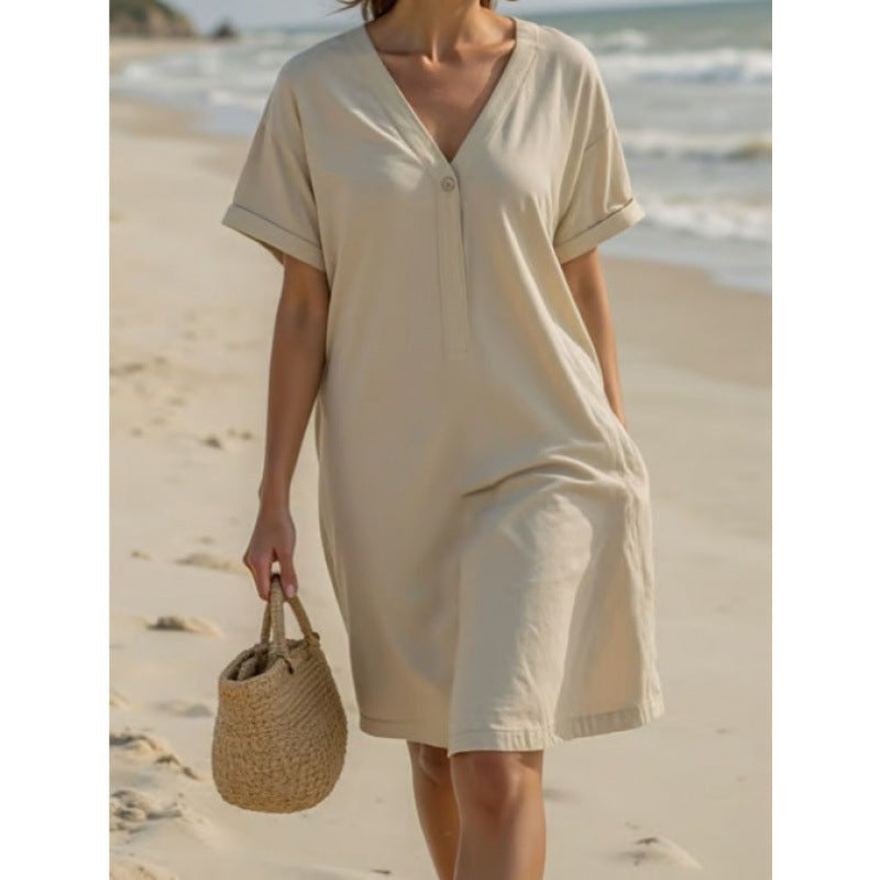 Ladies lightweight summer dress with rolled-up sleeves and a practical button placket Lune London
