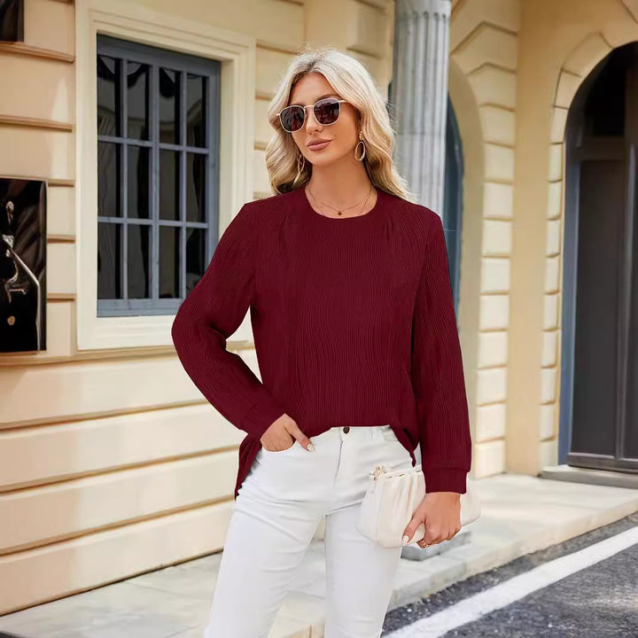 Ladies Elegant Long Sleeve Blouse with Fine Ribbed Structure and Chic Side Slits and Style