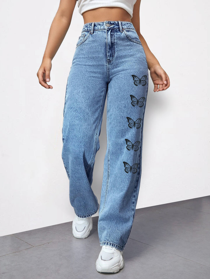 Ladies High-Waist Loose-Fit Denim Pants with Side Butterfly Print Amarae