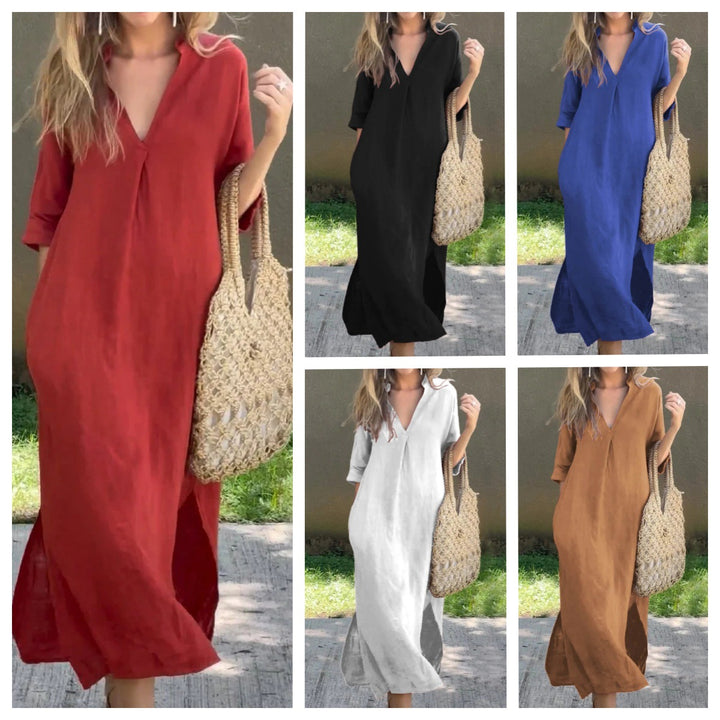 Casual midi dress for women in lightweight material with V-neck and side pockets Lune London