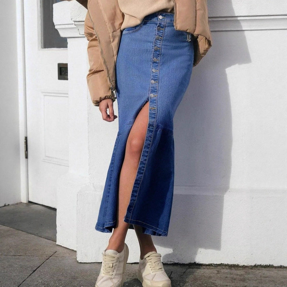 Women High-Waisted Maxi Denim Skirt with Continuous Button Placket and High Front Slit Amarae