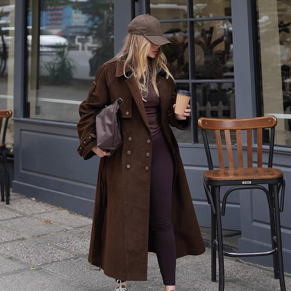 Women's Maxi Length Trench Coat in Velour Look with Double-Breasted Button Placket and Oversized Cut Amarae