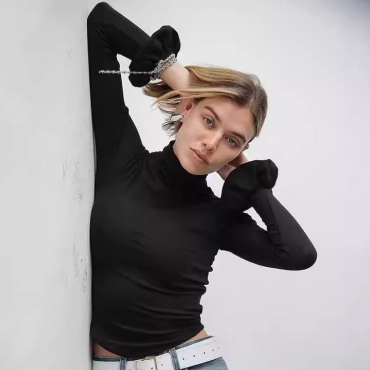 Ladies Elegant Long Sleeve Top with High Collar and Ruffled Details Lune London