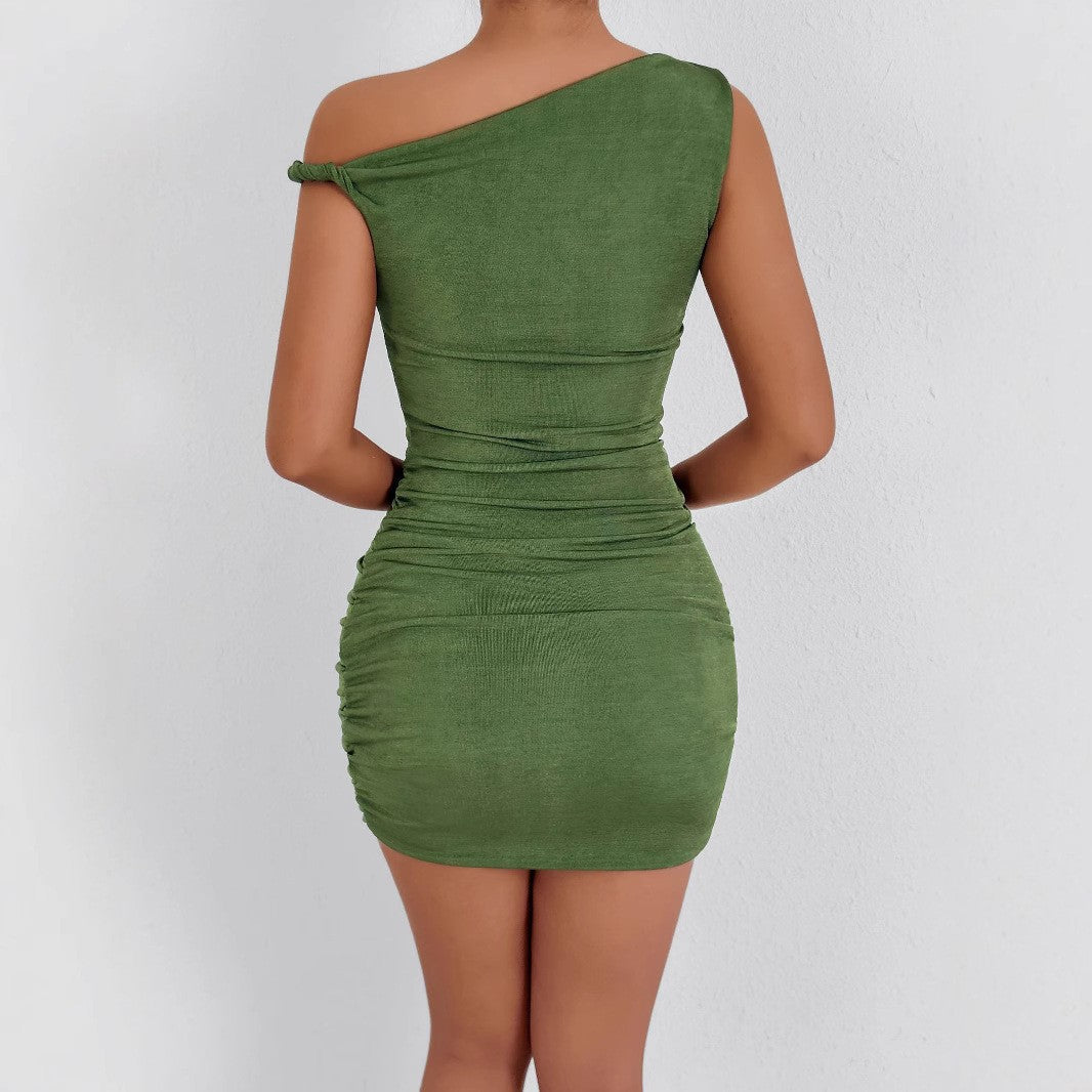 Women's gathered mini dress with asymmetrical neckline and figure-hugging fit Lune London