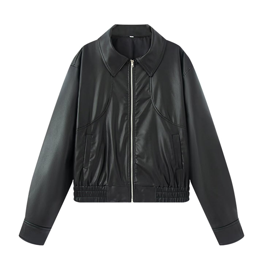 Casual biker-style faux leather jacket for women with convenient pockets and elastic belt Lune London