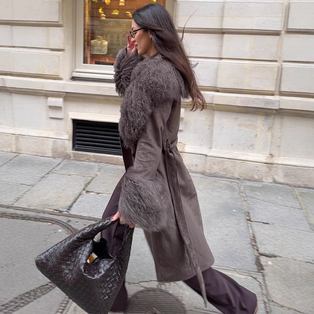 Women's coat made of suede leather look with voluminous faux fur shawl collar, fur cuffs & waist belt Amarae
