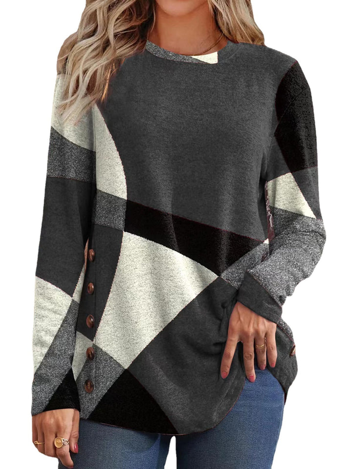 Women's fine knit sweater with geometric color block and decorative buttons Amarae