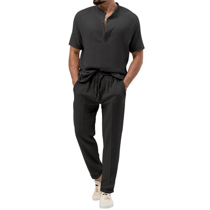 Men's short sleeve shirt fashion with Henley collar and casual jogger pants Lune London
