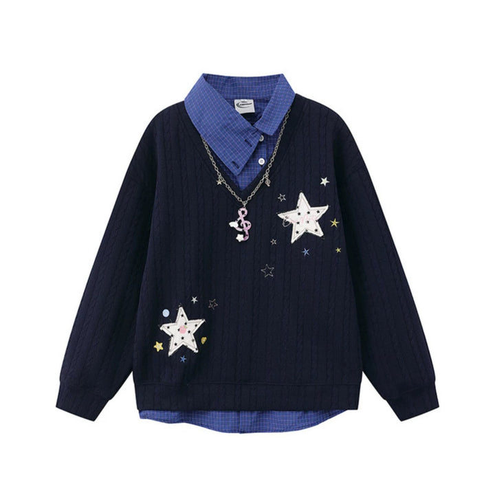 Women's Layered-Look Knit Sweater with Attached Shirt Placket, Star Appliqués and Chain Charm Amarae
