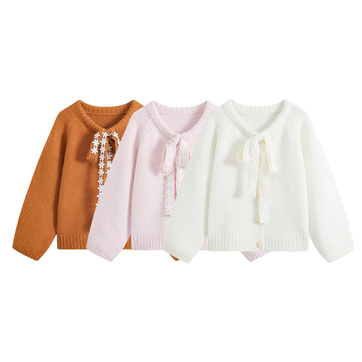 Women's chunky knit pullover with floral lace trim at the neckline Amarae