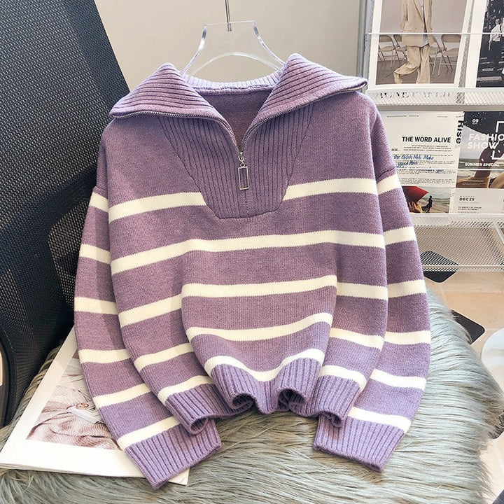 Women's turtleneck sweater with trendy zipper and striped pattern Lune London