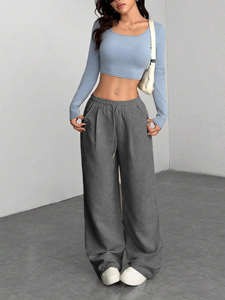 Ladies cord pants with wide leg, elastic waistband and drawstring Amarae
