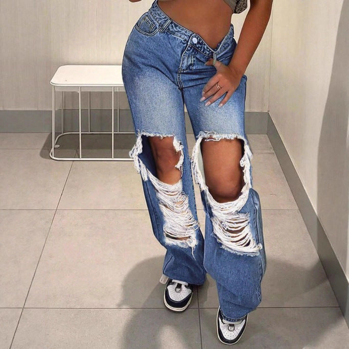 Women's extra wide cut destroyed jeans with XXL knee cutouts and low waistline Amarae