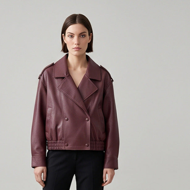Women's Boxy Faux Leather Blouson with textured grain, double-breasted button placket & elastic hem Amarae