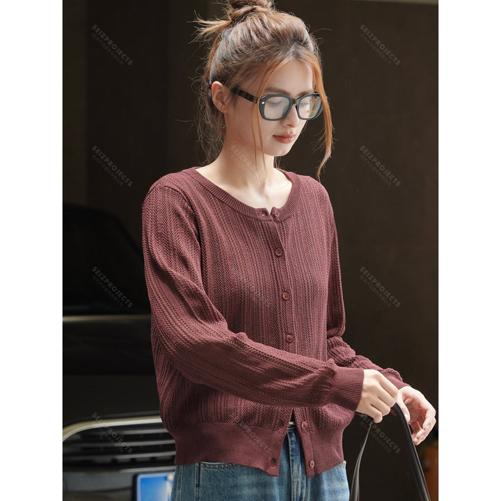 Women Lightweight Openwork Knit Cardigan with Button Placket and Ribbed Hem