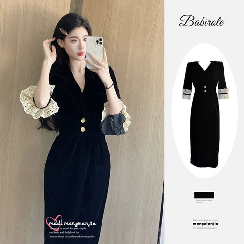Women's elegant dress with lace sleeves and decorative buttons Amarae