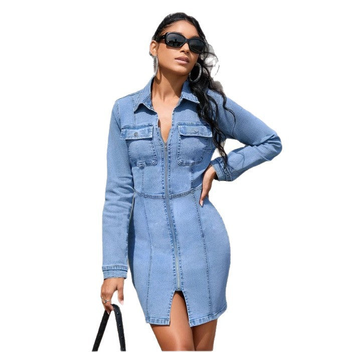 Women's denim shirt dress with front zipper, waist-accentuated cut and chest pockets Amarae