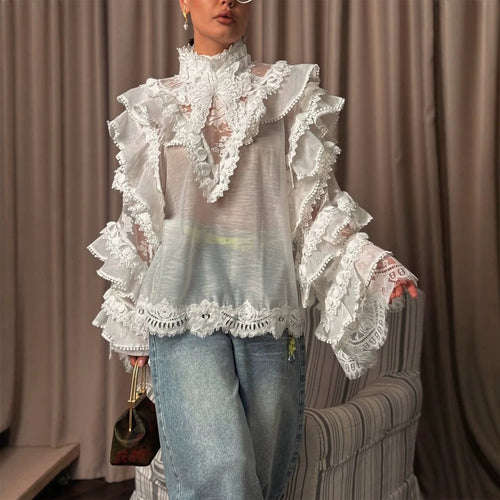 Women's Transparent Lace Blouse with Ruffle Sleeves and High Stand Collar Amarae