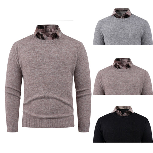Men's Fine Crew Neck Sweater with Integrated Shirt Collar Amarae