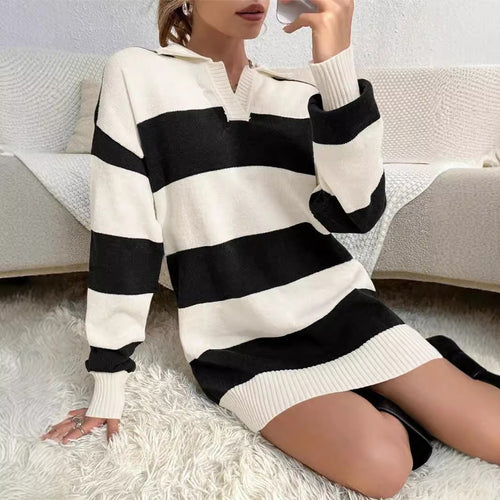 Sweater dress for women with modern striped pattern and detail-rich button placket Amarae