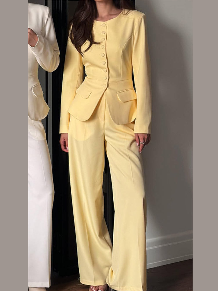 Women's Tailored Blazer with Round Neckline, Decorative Fabric Buttons and Flap Pockets Amarae