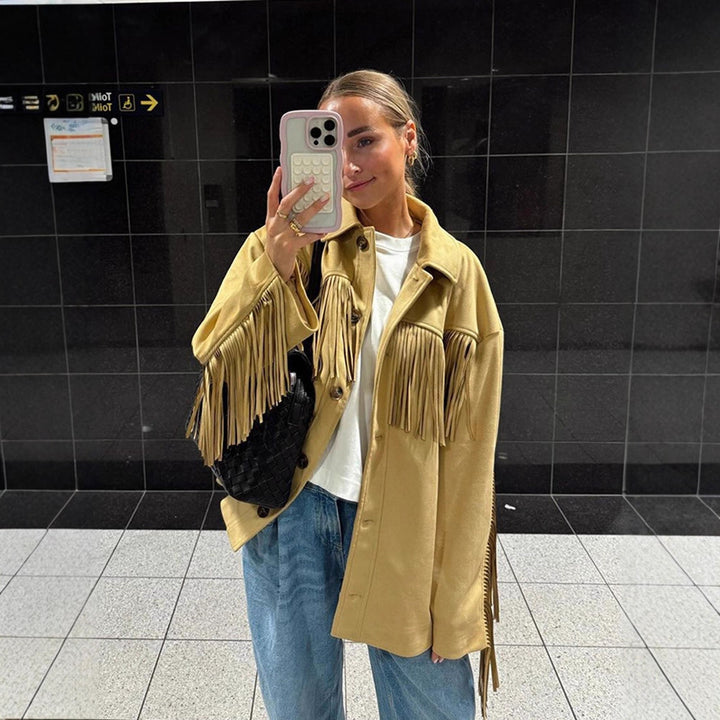 Women’s Oversize Fringe Jacket in Western Style made of Suede-Look with Shirt Collar Amarae
