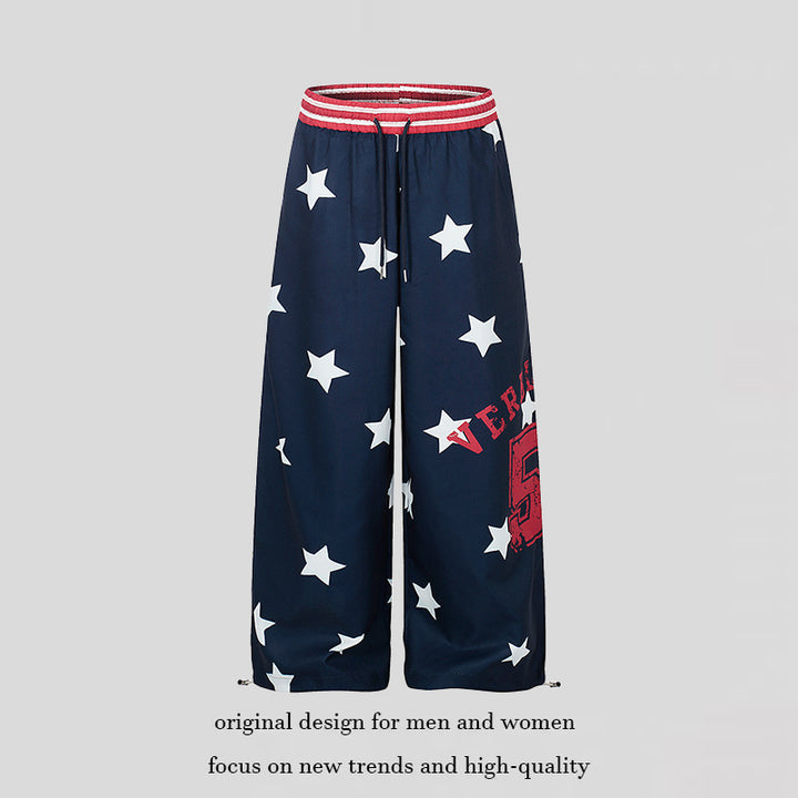 Ladies Palazzo Lounge Pants in Athleisure Style with Star Allover, High Ribbed Waistband and Statement Print Amarae
