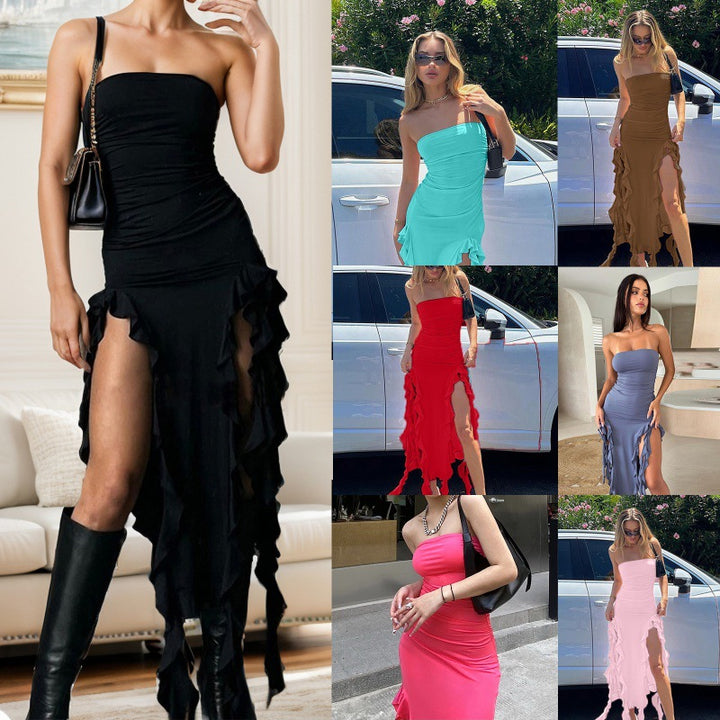 Women Elegant Split Maxi Dress with Chic Ruffles and Style