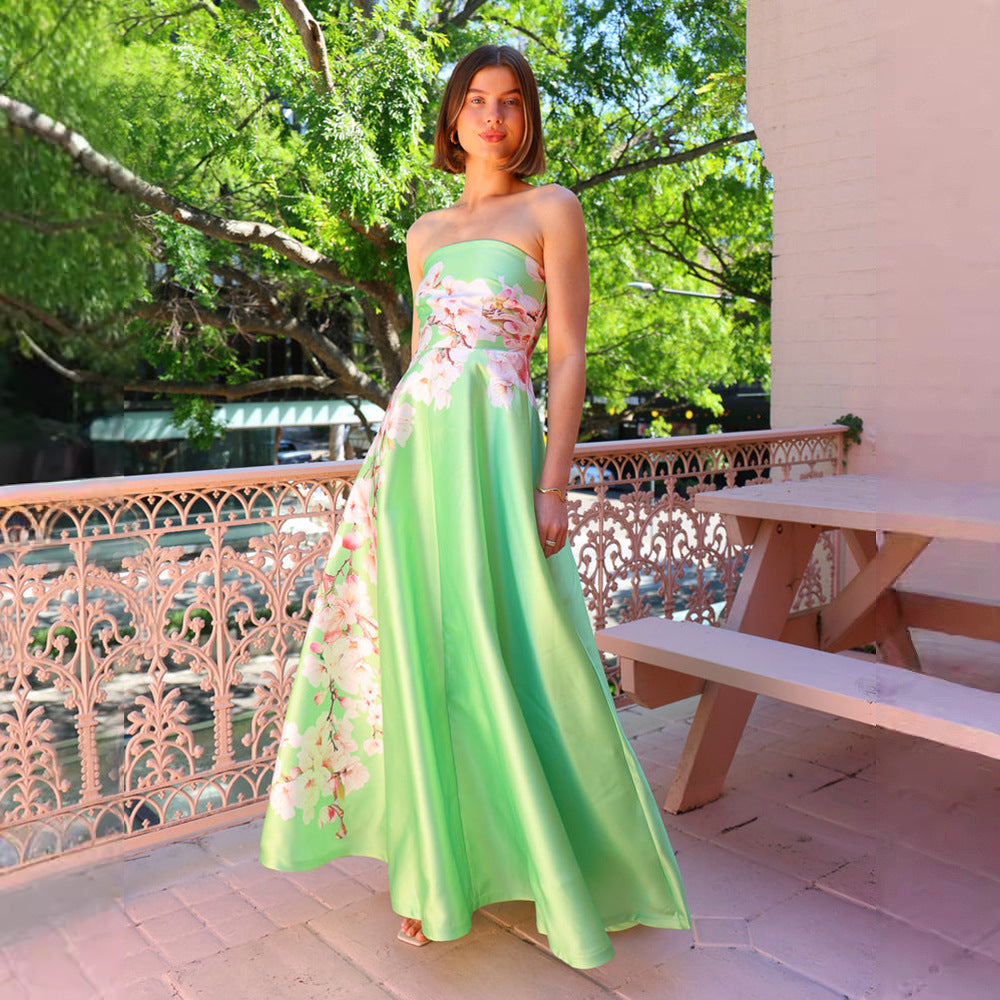Ladies ball gown with floral top and flowing skirt Lune London