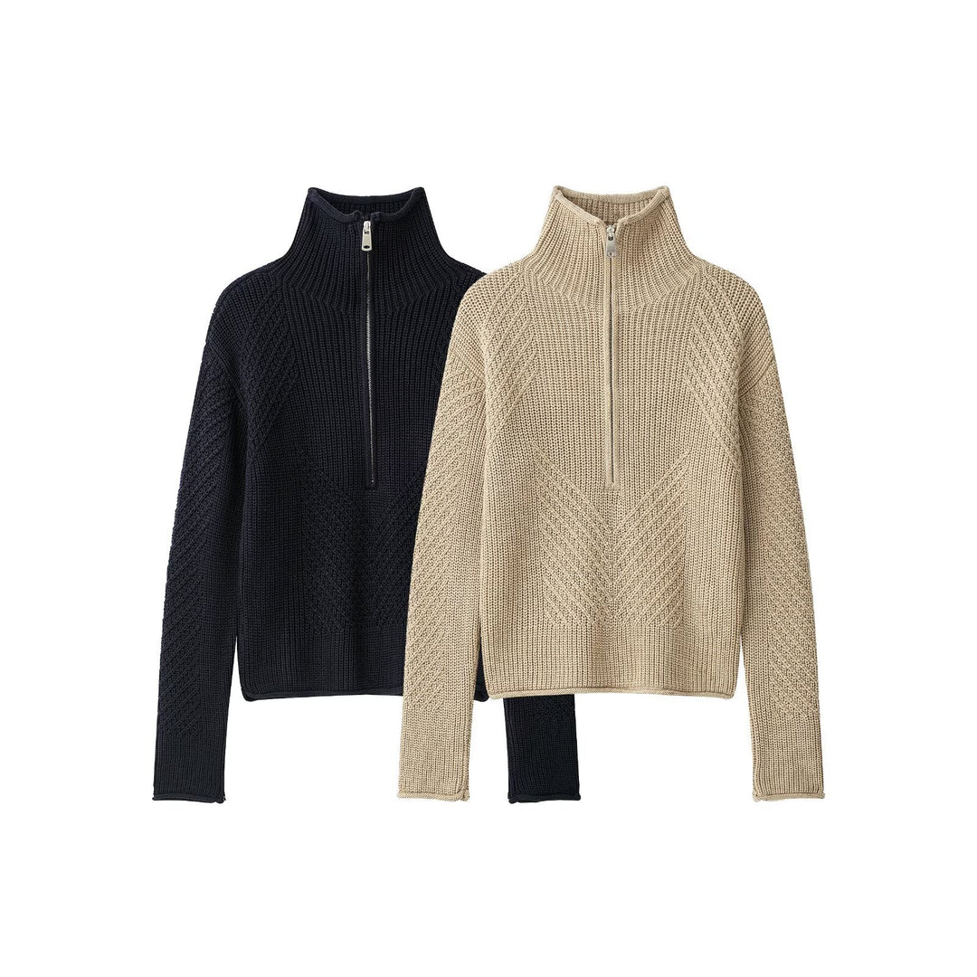 Ladies chunky knit pullover with half zipper and high stand-up collar Amarae