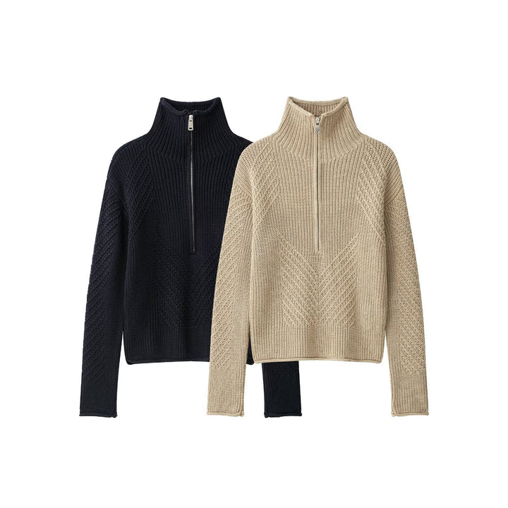 Ladies chunky knit pullover with half zipper and high stand-up collar Amarae