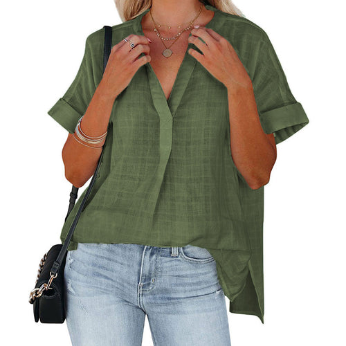 Casual short-sleeve blouse for women with a deep V-neckline and rolled sleeves Amarae