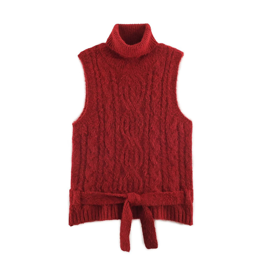 Women's Sleeveless Cable Knit Vest with Roll Neck and Ties Amarae