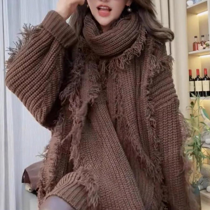 Pull en tricot surdimensionné femme avec franges et décolleté en V Chic & Stil