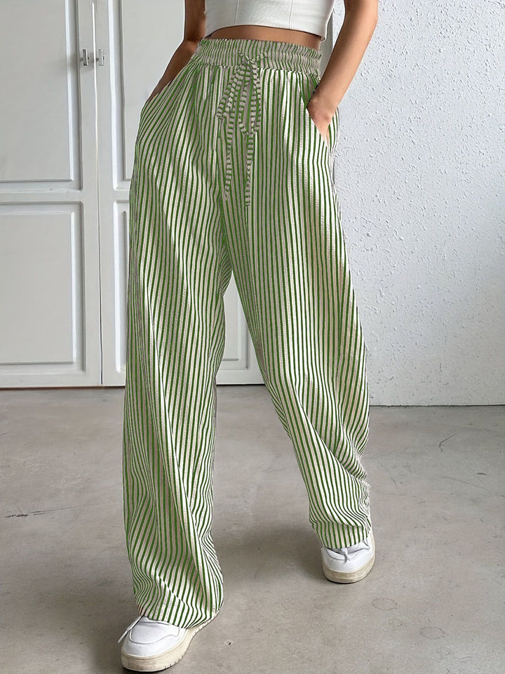 Wide striped pants for women with elastic waist and practical pockets Lune London