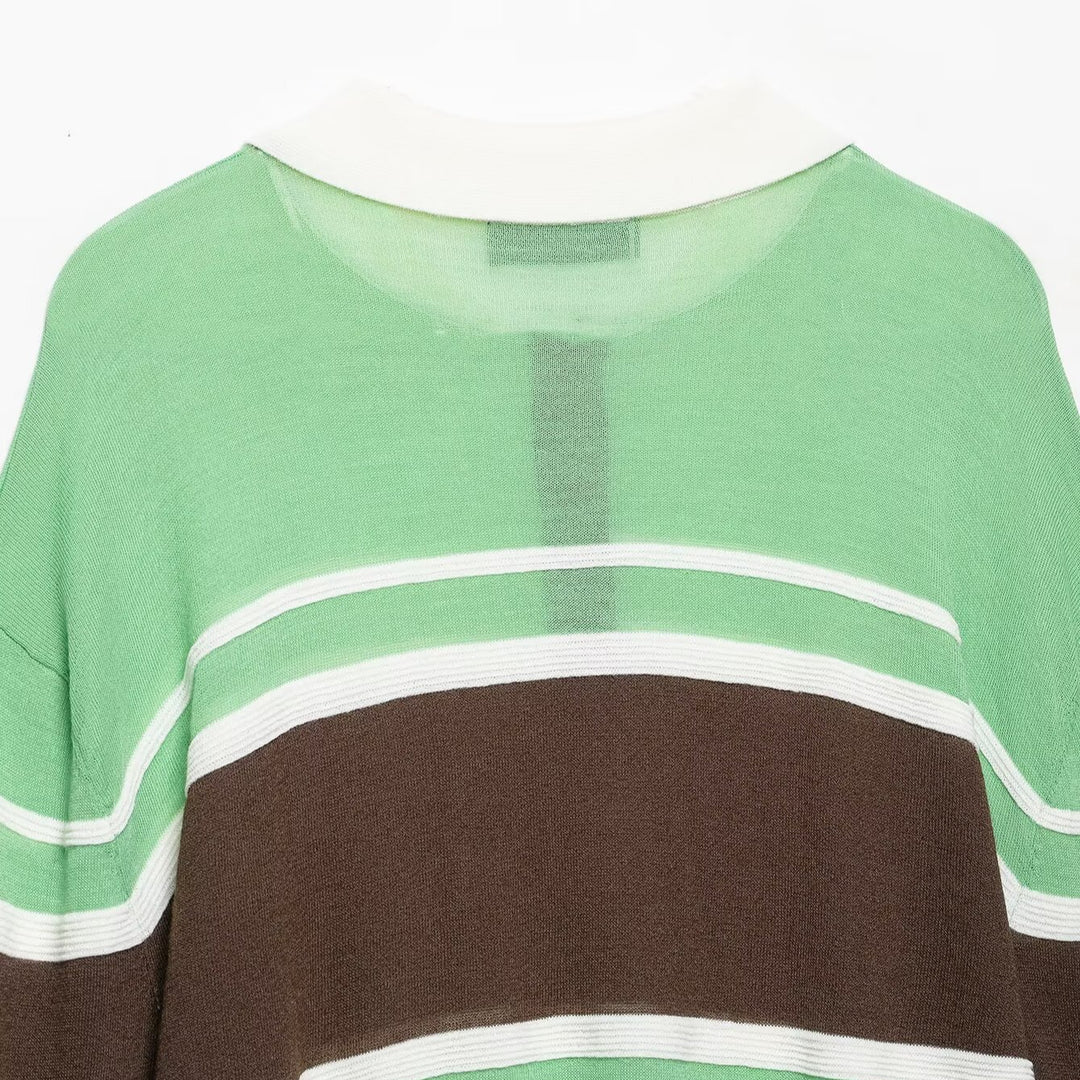 Women's Cropped Polo Shirt - Knitted Sweater with Rugby Stripes, Shirt Collar and Ribbed Hem Amarae