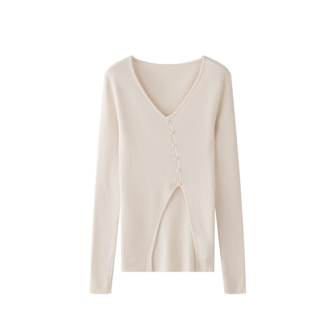 Women fitted ribbed V-neck top with diagonal button placket and extended sleeves Amarae