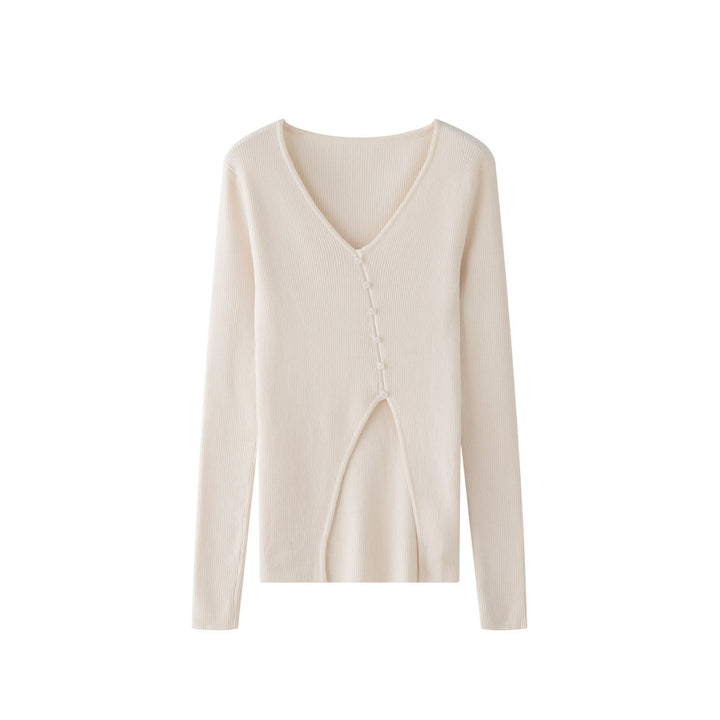 Women fitted ribbed V-neck top with diagonal button placket and extended sleeves Amarae