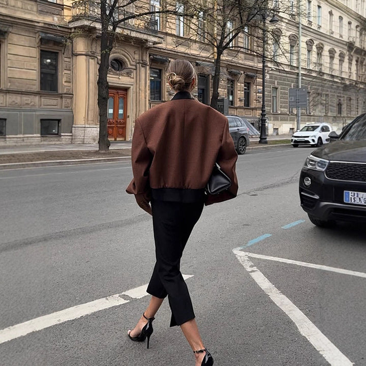 Women's Boxy Cropped Wool Jacket with Boxy Shoulder, Contrasting Lapel Collar and Hidden Button Placket Amarae