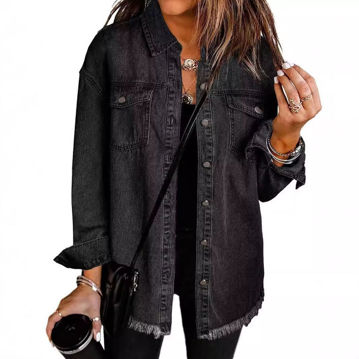 Casual denim jacket for women with frayed hems and patch pockets Lune London