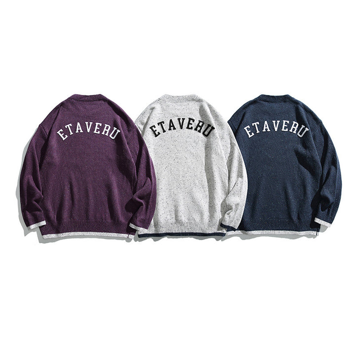 Unisex Oversize Knitted Sweater with Round Neckline, Contrast Cuffs and Melange Bobble Texture Amarae