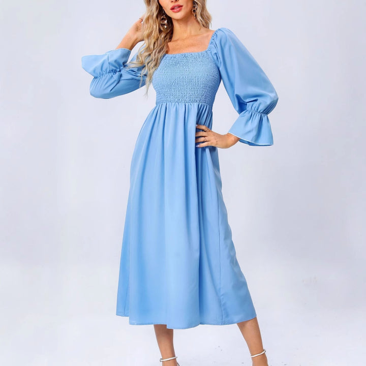 Midi dress for ladies with elastic puff sleeves and a romantic waist tie Lune London