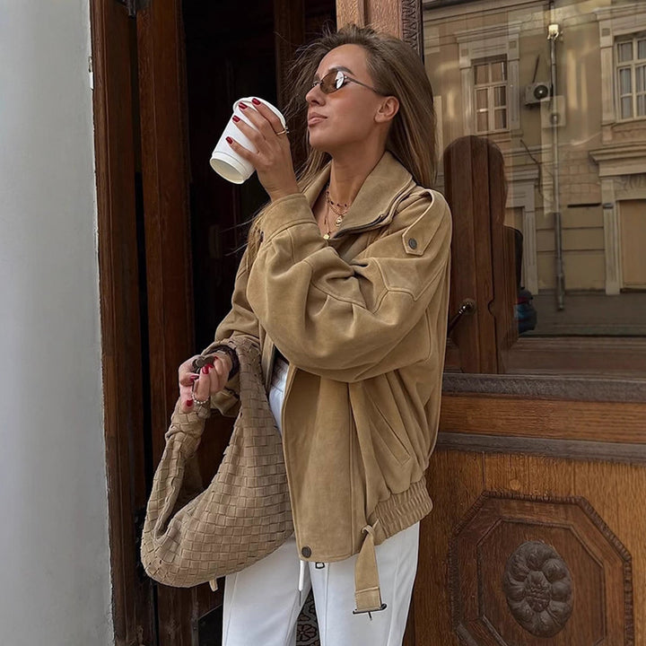 Women's Oversized Suede Leather Bomber Jacket with Epaulettes and Adjustable Waist Amarae