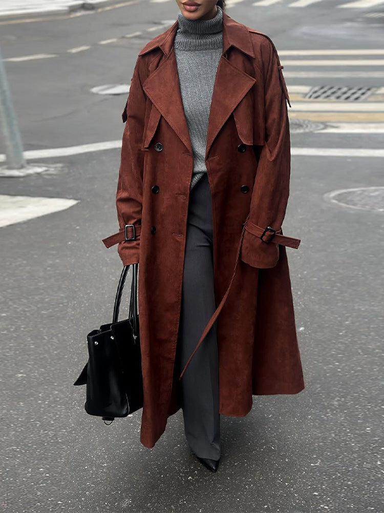 Women's long trench coat made of suede imitation with double button placket Amarae