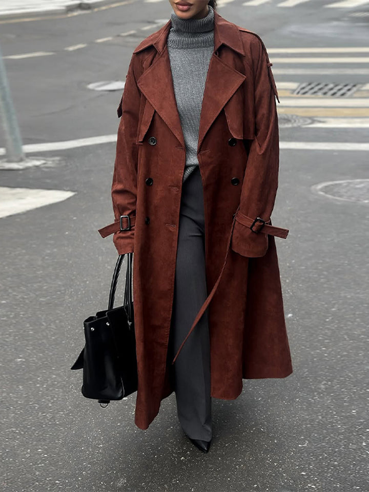 Women's long trench coat made of suede imitation with double button placket Amarae