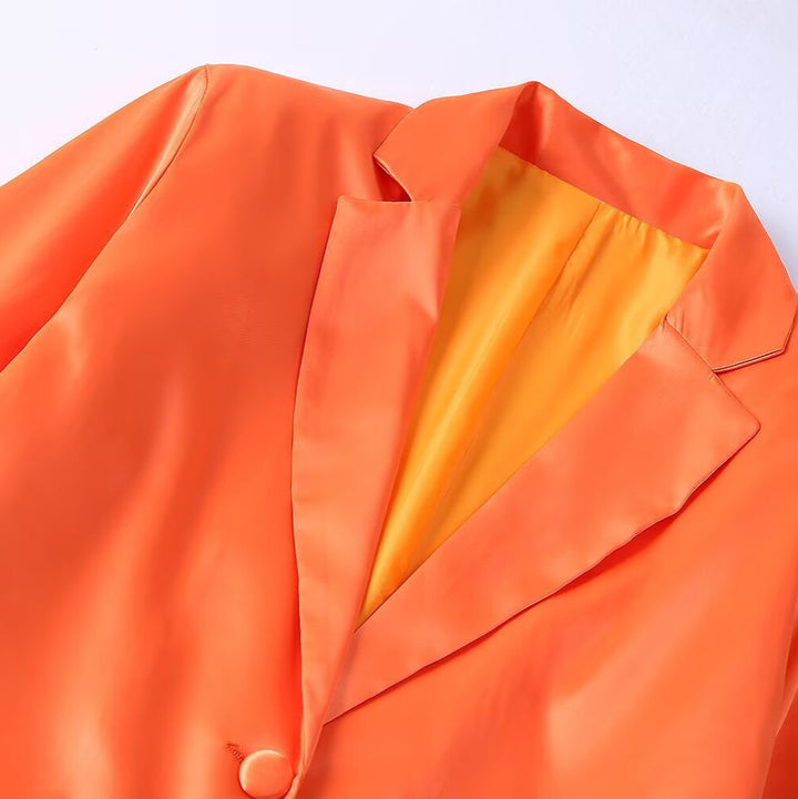 Women's Satin One-Button Blazer with Feather Trim on Sleeves Amarae