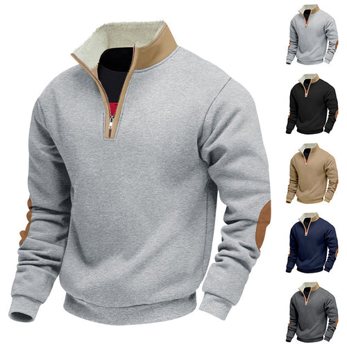 Trendy fleece pullover for men with half-zip and contrasting elbow patches Amarae